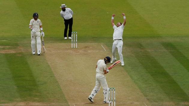 Ireland's Andy Balbirnie celebrates taking the wicket of England's Chris Woakes.(Reuters) Ireland's Andy Balbirnie celebrates taking the wicket of England's Chris Woakes.(Reuters)