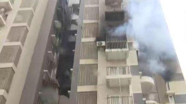 A fire broke out at a high rise residential building in Gujarat’s Ahmedabad on Friday.(ANI Photo)