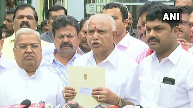 BJP leader BS Yeddyurappa speaking to mediapersons after staking claim to form government in Karnataka.(ANI photo) BJP leader BS Yeddyurappa speaking to mediapersons after staking claim to form government in Karnataka.(ANI photo)