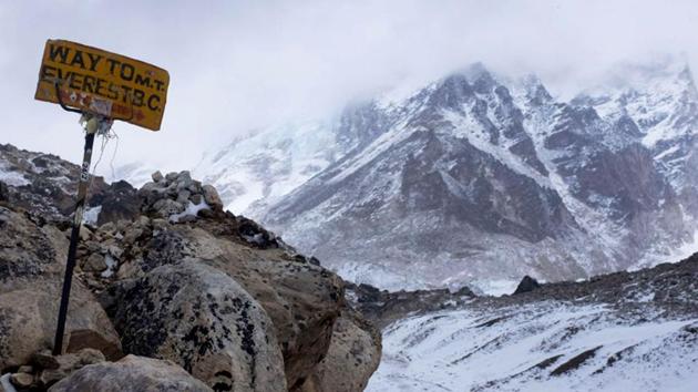 A sign shows the way to Everest Base Camp high in the Khumbu Glacier.(AFP File)