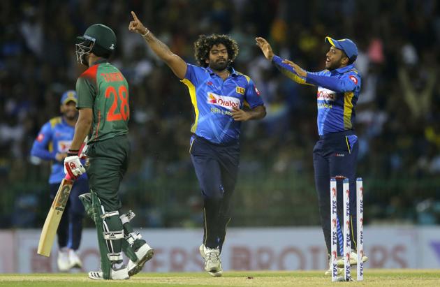 Lasith Malinga celebrates the wicket of Bangladeshi batsman Tamim Iqbal.(AP)