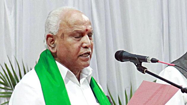 BS Yediyurappa taking oath as the Chief Minister of the state of Karnataka for the fourth time in Bengaluru on Friday.(Photo: ANI)