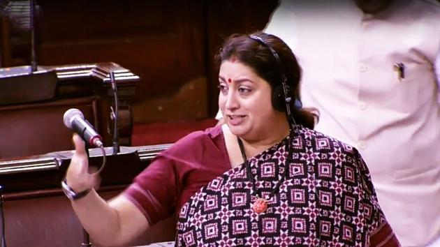 During the Zero Hour, Union Textiles Minister Smriti Irani said the remarks of Khan in Lok Sabha on Thursday during the debate of Triple Talaq Bill were a blot on all legislators, including men.(ANI)