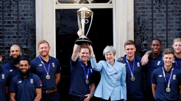 The England cricket team with Prime Minister Theresa May, July 15, 2019, London.(REUTERS) The England cricket team with Prime Minister Theresa May, July 15, 2019, London.(REUTERS)