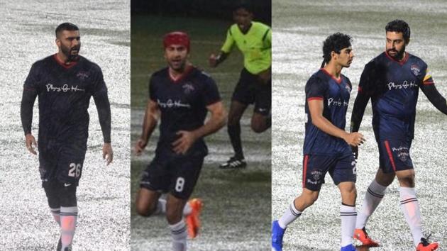 Arjun Kapoor, Ranbir Kapoor, Ishaan Khatter and Abhishek Bachchan during a football match on Kargil Vijay Diwas.(Varinder Chawla)