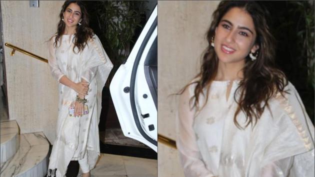 Sara Ali Khan shines bright in a white and gold chanderi suit.(Varinder Chawls)