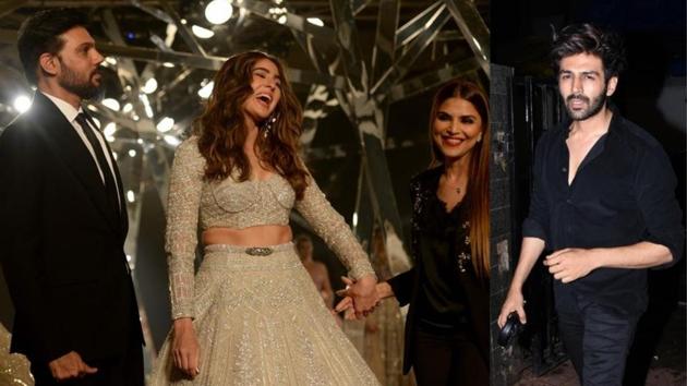 Kartik Aaryan cheered for Sara Ali Khan as she walked the ramp at FDCI India Couture Week 2019 in Delhi.(AFP/IANS)