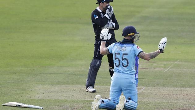 England's Ben Stokes holds up his hands apologetically after get a 6 from overthrows.(AP)