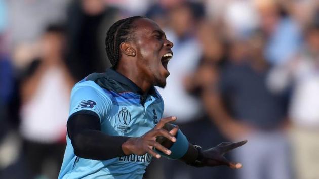 England's Jofra Archer celebrates after victory in the 2019 Cricket World Cup final.(AFP) England's Jofra Archer celebrates after victory in the 2019 Cricket World Cup final.(AFP)