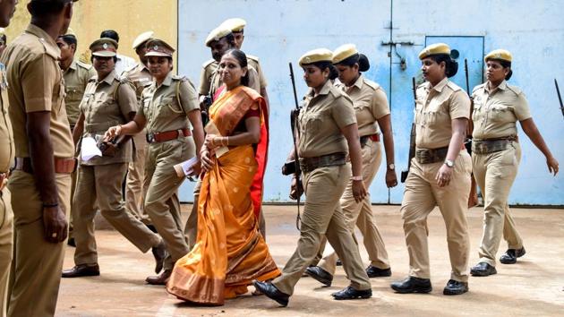 Nalini Sriharan (C), who was convicted in the assassination case of former Prime Minister Rajiv Gandhi, is released from the Vellore Central Prison on a one-month parole to attend her daughter's wedding, in Vellore. (STR / AFP) Nalini Sriharan (C), who was convicted in the assassination case of former Prime Minister Rajiv Gandhi, is released from the Vellore Central Prison on a one-month parole to attend her daughter's wedding, in Vellore. (STR / AFP)