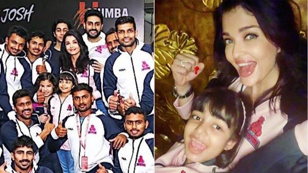 Aishwarya Rai Bachchan and Aaradhya cheer for Abhishek Bachchan’s kabaddi team Jaipur Pink Panthers.(Instagram)