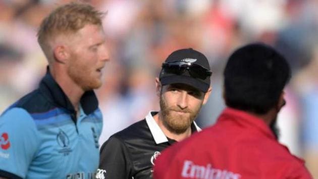 New Zealand's captain Kane Williamson looks towards England's Ben Stokes at the 2019 Cricket World Cup final between England and New Zealand at Lord's.(AFP)