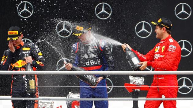 Race winner Max Verstappen of Red Bull celebrates.(REUTERS)