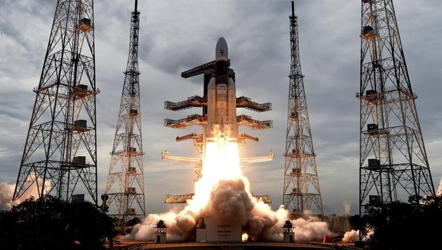 This photo released by the Indian Space Research Organization (ISRO) shows its Geosynchronous Satellite launch Vehicle (GSLV) MkIII carrying Chandrayaan-2 lift off from Satish Dhawan Space center in Sriharikota, India, Monday, July 22, 2019(AP)