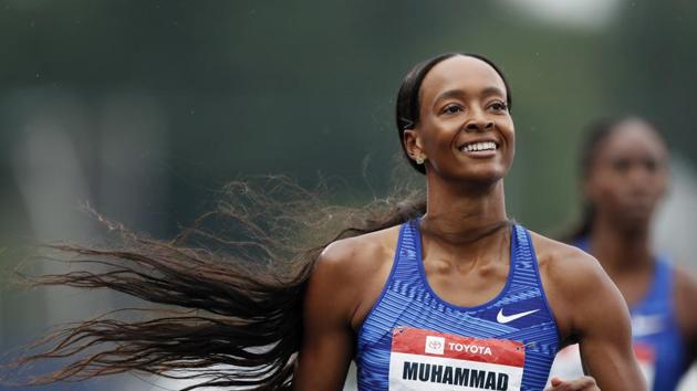 Dalilah Muhammad smiles as she wins the women's 400-meter hurdles at the U.S. Championships athletics meet, Sunday, July 28, 2019, in Des Moines, Iowa(AP) Dalilah Muhammad smiles as she wins the women's 400-meter hurdles at the U.S. Championships athletics meet, Sunday, July 28, 2019, in Des Moines, Iowa(AP)