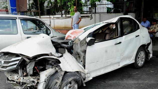 A view of a damaged Honda city car at Vivek Vihar Police Station which crashed into an electricity pole on Sunday morning and caused the death of two persons and left two persons injured, in East Delhi on Sunday, July 28, 2019.(HT PHOTO)