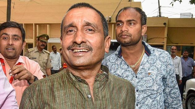 File photo dated April 9, 2018, of BJP MLA Kuldeep Singh Sengar, in Lucknow. Sengar is among the 10 people named in an FIR registered on Monday in connection with a road accident in which the Unnao rape survivor and her lawyer were critically injured and her two aunts killed.(PTI)