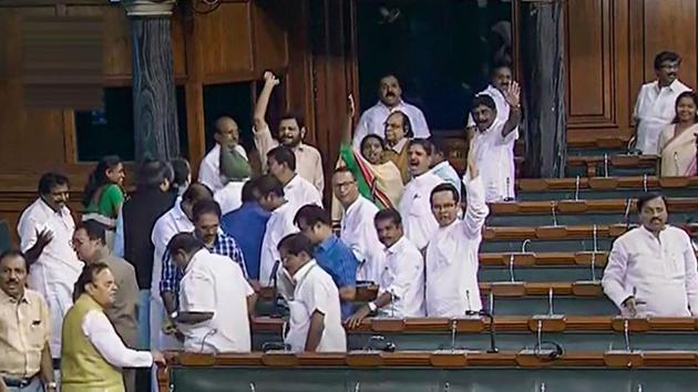 Lok Sabha witnessed vociferous protests and sloganeering by Opposition parties over the incident of Unnao rape survivor getting injured in a car crash.(PTI Photo) Lok Sabha witnessed vociferous protests and sloganeering by Opposition parties over the incident of Unnao rape survivor getting injured in a car crash.(PTI Photo)