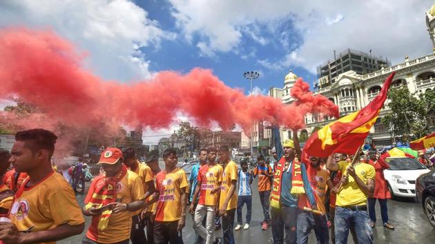 Kolkata: Supporters take part in a rally ahead 100 years celebration of East Bengal Football Club, in Kolkata on July 28, 2019.(PTI)