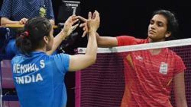 India's Saina Nehwal and P V Sindhu (R).(PTI)