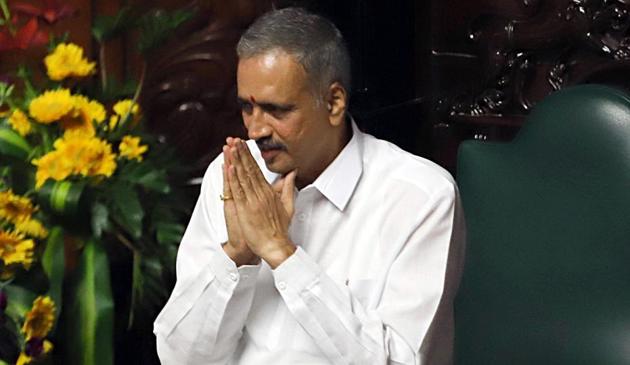 Newly elected speaker of Karnataka Legislative Assembly, Vishweshwar Hegde Kageri gestures during the Assembly Session at Vidhan Soudha, in Bengaluru on Wednesday(ANI) Newly elected speaker of Karnataka Legislative Assembly, Vishweshwar Hegde Kageri gestures during the Assembly Session at Vidhan Soudha, in Bengaluru on Wednesday(ANI)