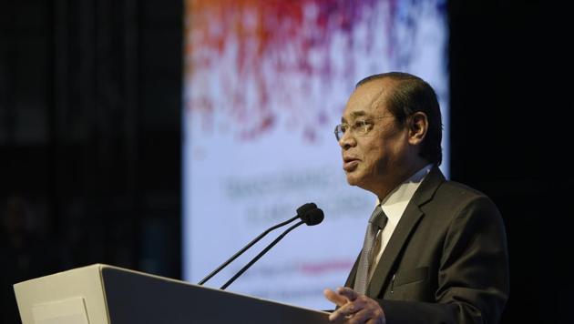 Chief Justice of India Ranjan Gogoi addresses the audience during the Happiness Education Conference, at Talkatora Stadium, in New Delhi on Wednesday, July 31, 2019. The CJI has asked the secretary general of the Supreme Court to explain the events that led to the letter not being placed before him.(Burhaan Kinu/HT PHOTO)