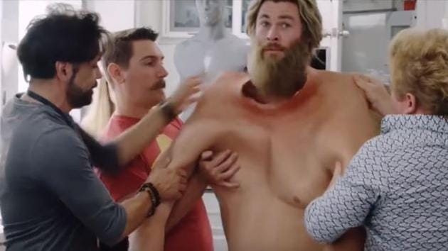 Chris Hemsworth gets fitted for the fat suit in Chris Hemsworth.