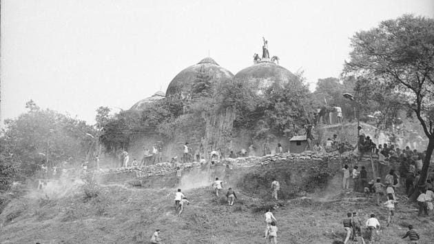 A politically charged crowd after speeches by LK Advani, Murli Manohor Joshi and Uma Bharti stormed the Babri Masjid and razed it to the ground, sparking anti-communal riots across India in which an estimated 2,000 people were killed. (Sanjay Sharma / HT Archive) A politically charged crowd after speeches by LK Advani, Murli Manohor Joshi and Uma Bharti stormed the Babri Masjid and razed it to the ground, sparking anti-communal riots across India in which an estimated 2,000 people were killed. (Sanjay Sharma / HT Archive)