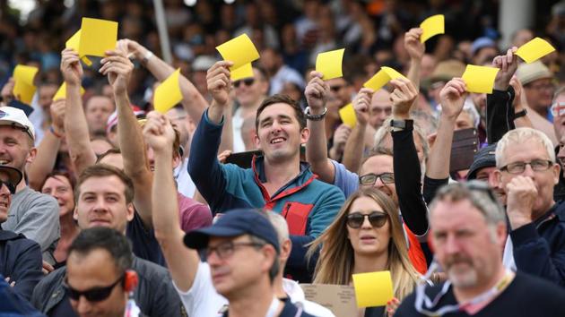 England fans show off their yellow sandpaper during day one of the First Specsavers Ashes Test Match between England and Australia at Edgbaston on August 01, 2019 in Birmingham, England.(Getty Images) England fans show off their yellow sandpaper during day one of the First Specsavers Ashes Test Match between England and Australia at Edgbaston on August 01, 2019 in Birmingham, England.(Getty Images)