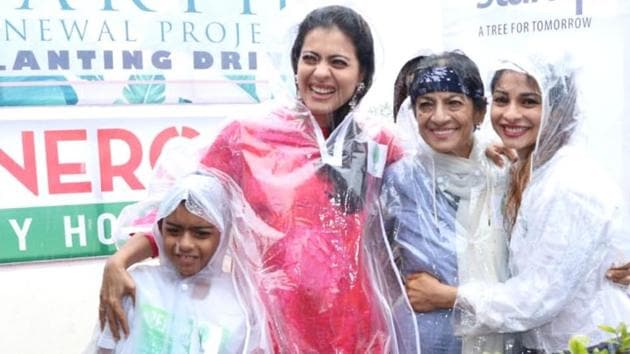 Kajol, Yug, Tanuja and Tanishaa planted trees together on Friday.