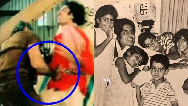 A still from Coolie when Amitabh Bachchan got injured while filming (left) and with his kids and others while recovering in a hospital (right).