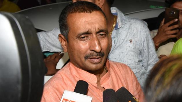 Lucknow, India - April 11, 2018: BJP MLA Kuldeep Singh Sengar, the main accused for allegedly raping a 17-year-old girl last year in Uttar Pradesh’s Unnao, speaks to media personnel outside SSP office, in Lucknow.(Subhankar Chakraborty/HT PHOTO)
