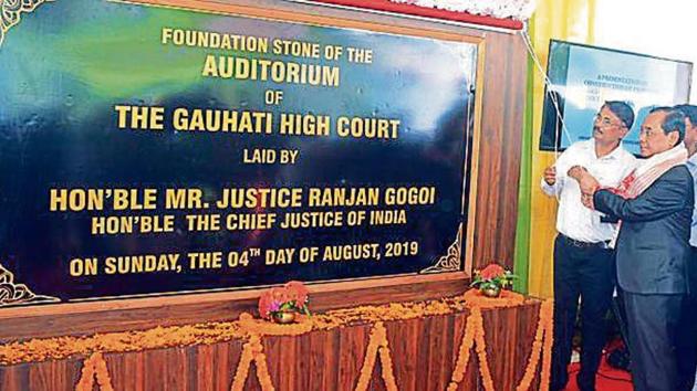 Chief Justice of India Ranjan Gogoi laying the foundation stone for the auditorium of the Gauhati high court on Sunday.(ANI) Chief Justice of India Ranjan Gogoi laying the foundation stone for the auditorium of the Gauhati high court on Sunday.(ANI)
