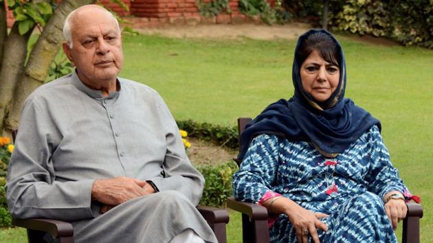 National Conference President Farooq Abdullah and PDP President and former chief minister Mehbooba Mufti during an all party meeting regarding the current situation in Kashmir, in Srinagar, Sunday(PTI)