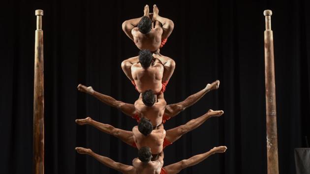 Artists perform multi-disciplinary performances featuring the indigenous Indian practice of Mallakhamb for the first time ever at the Royal Opera House, Mumbai Opera House in Mumbai, Maharashtra. (Kunal Patil / HT Photo) Artists perform multi-disciplinary performances featuring the indigenous Indian practice of Mallakhamb for the first time ever at the Royal Opera House, Mumbai Opera House in Mumbai, Maharashtra. (Kunal Patil / HT Photo)