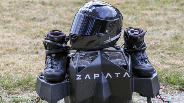 His device has also captured the attention of the French defence ministry, which in December gave Zapata’s company, Z-AIR, a 1.3 million euro ($1.4 million) development grant, in particular for improving the turbines. “It’s not the return of the ‘Avengers’, it’s a reality. Bravo Franky Zapata,” Defence Minister Florence Parly tweeted after Zapata’s feat. (Steve Parsons / AP) His device has also captured the attention of the French defence ministry, which in December gave Zapata’s company, Z-AIR, a 1.3 million euro ($1.4 million) development grant, in particular for improving the turbines. “It’s not the return of the ‘Avengers’, it’s a reality. Bravo Franky Zapata,” Defence Minister Florence Parly tweeted after Zapata’s feat. (Steve Parsons / AP)