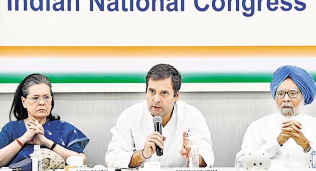 Rahul Gandhi along with Sonia Gandhi and Dr. Manmohan Singh at the Congress Working Committee meeting where he announced his resignation on May 25.(ANI) Rahul Gandhi along with Sonia Gandhi and Dr. Manmohan Singh at the Congress Working Committee meeting where he announced his resignation on May 25.(ANI)