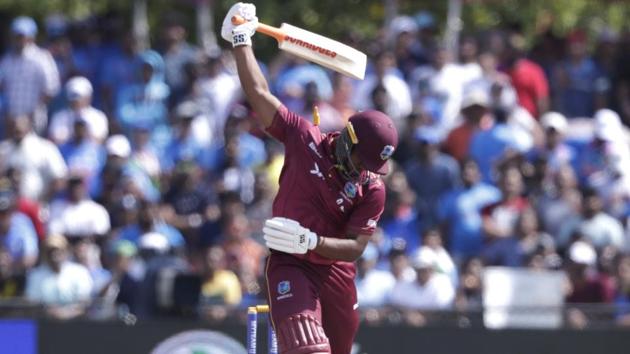 West Indies' Evin Lewis is bowled by India's Bhuvneshwar Kumar. (AP)