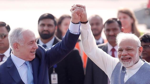 Israel embassy attached a video clip that shows several photographs of Prime Minister Narendra Modi and his Israeli counterpart Benjamin Netanyahu shaking hands.(Arvind Yadav/HT File PHOTO) Israel embassy attached a video clip that shows several photographs of Prime Minister Narendra Modi and his Israeli counterpart Benjamin Netanyahu shaking hands.(Arvind Yadav/HT File PHOTO)