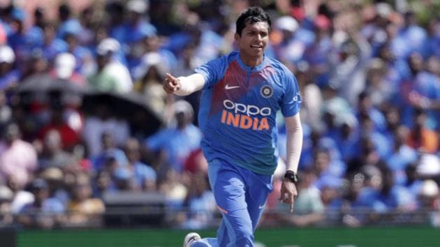 India's Navdeep Saini reacts after taking the wicket of West Indies' Shimron Hetmyer during the first Twenty20 international cricket match, Saturday, Aug. 3, 2019, in Lauderhill, Fla. India won by four wickets.(AP) India's Navdeep Saini reacts after taking the wicket of West Indies' Shimron Hetmyer during the first Twenty20 international cricket match, Saturday, Aug. 3, 2019, in Lauderhill, Fla. India won by four wickets.(AP)