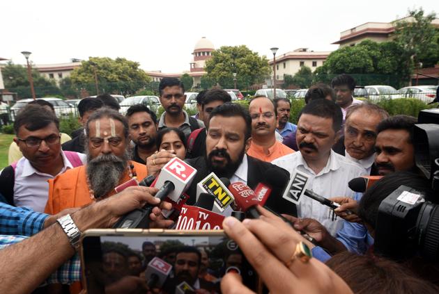 Hindu Mahasabha lawyer Vishnu Shankar Jain speaks to the media after the Ayodhya land dispute case hearing where the mediation talks failed and the higher court will now listen to all appeals from August 6, at Supreme Court, in New Delhi. (Sonu Mehta / HT Photo) Hindu Mahasabha lawyer Vishnu Shankar Jain speaks to the media after the Ayodhya land dispute case hearing where the mediation talks failed and the higher court will now listen to all appeals from August 6, at Supreme Court, in New Delhi. (Sonu Mehta / HT Photo)
