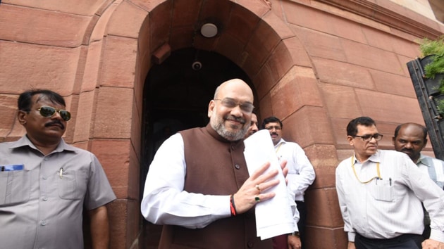 Shah also moved a bill proposing bifurcation of the state of Jammu and Kashmir into two union territories -- Jammu and Kashmir division and Ladakh.(HT Photo/Raj K Raj)