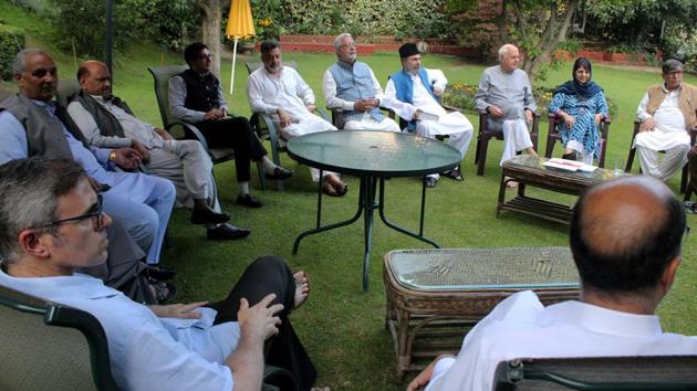 National Conference President Farooq Abdullah, PDP President and former chief minister Mehbooba Mufti and other leaders during an all party meeting regarding the current situation in Kashmir, as tensions in Jammu and Kashmir continue to deepen. (PTI)