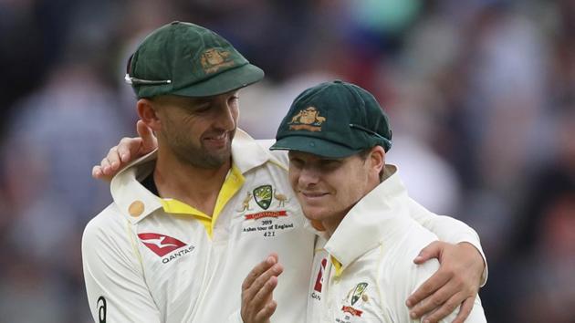 Australia's Nathan Lyon and Steve Smith after the match.(Action Images via Reuters)