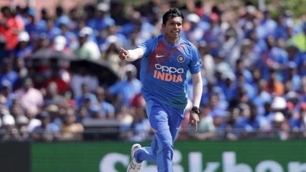 India's Navdeep Saini reacts after taking the wicket of West Indies' Shimron Hetmyer during the first Twenty20 international cricket match.(AP)