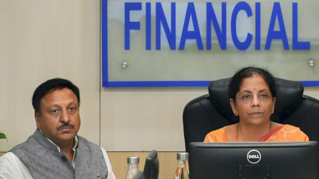 Finance Minister Nirmala Sitharaman, Finance Secretary Rajiv Kumar during a meeting with Chairman, MD and CEOs of public sector banks (PSBs) at Jeevan Deep building, in New Delhi, Aug 05, 2019.(PTI)