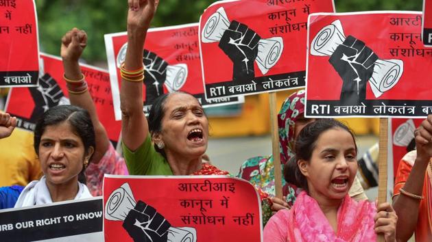 Activists and citizens of Mumbai on roads to fight against the recent amendment in the RTI.(PTI photo)