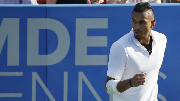Aug 4, 2019; Washington, D.C., USA; Nick Kyrgios of Australia celebrates after winning the first set against Daniil Medvedev of Russia (not pictured) in the menÕs singles final of the 2019 Citi Open at William H.G. FitzGerald Tennis Center. Mandatory Credit: Geoff Burke-USA TODAY Sports(USA TODAY Sports) Aug 4, 2019; Washington, D.C., USA; Nick Kyrgios of Australia celebrates after winning the first set against Daniil Medvedev of Russia (not pictured) in the menÕs singles final of the 2019 Citi Open at William H.G. FitzGerald Tennis Center. Mandatory Credit: Geoff Burke-USA TODAY Sports(USA TODAY Sports)