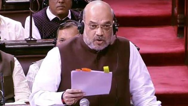 Home Minister Amit Shah addresses the Rajya Sabha in New Delhi on Monday.(ANI Photo)