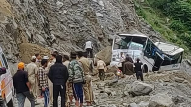 The bus was passing through the landslide-prone Lambagad area in Uttarakhand’s Chamoli district. (ANI / Twitter) The bus was passing through the landslide-prone Lambagad area in Uttarakhand’s Chamoli district. (ANI / Twitter)